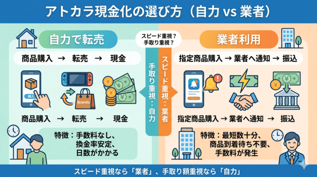 アトカラ現金化の手順｜自力と業者利用の選び方