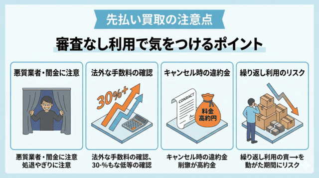 先払い買取の審査なし利用で気をつけるポイント